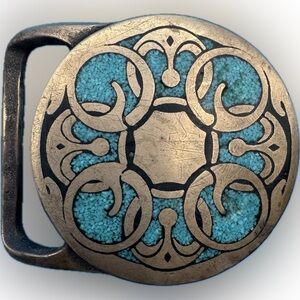 Solid brass and turquoise Tech Ether Guild Baldric vintage belt buckle 1975